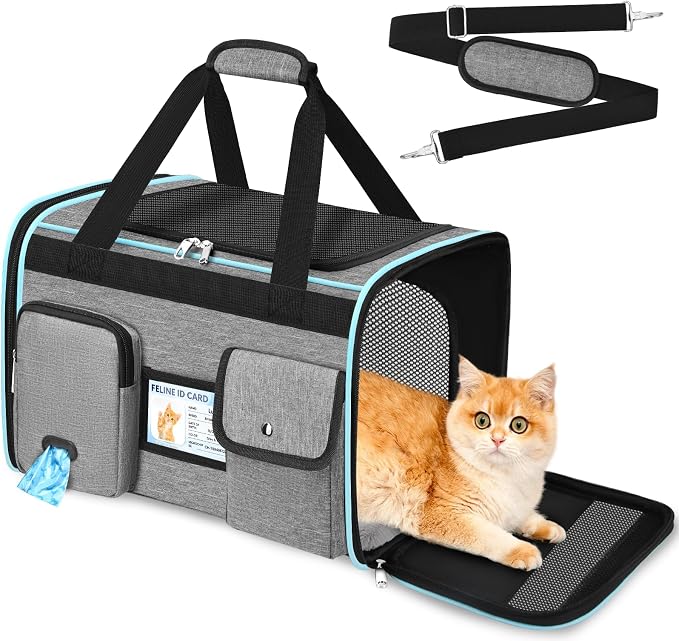 HUANLANG Large Cat Carrier Soft Sided Travel Pet Carrier Airline Approved | Dog Carriers for Small Dogs Medium Cats,Collapsible,3 Storage,zipper lock,Reflective strips,Luggage Strap, Up to 15 Lbs, Grey by HUANLANG