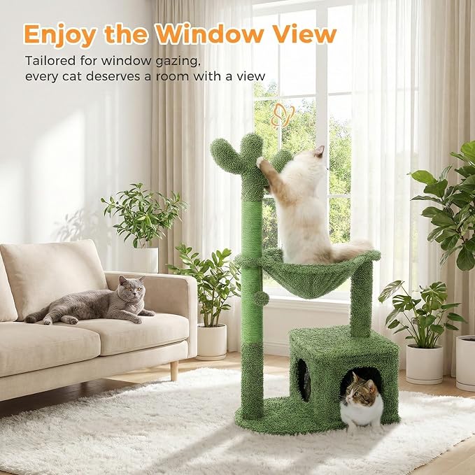 40" Cactus Cat Tree with Hammock, Condo & Sisal Post, Green | Cactus theme, Metal carpet hammock, Cozy indoor condo, Replaceable pompom toy, Sisal wrapped posts, Sturdy base - Image 3