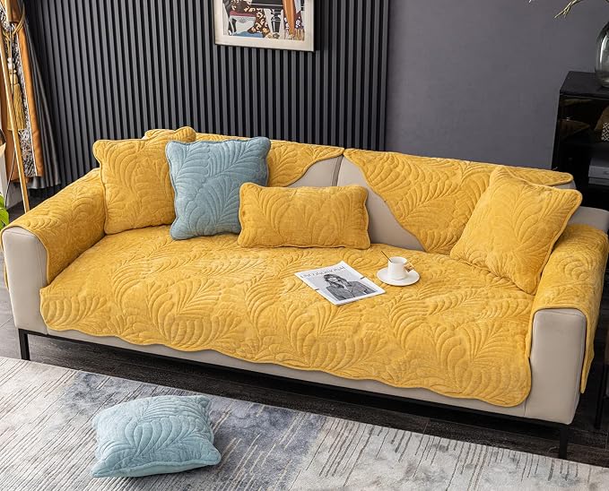 Couch Covers Plush Quilted Sofa Covers for Sectional Sofa Washable | Palm Leaves Couch Cover Chenille Non Slip Sofa Covers Soft Sofa Slipcover Furniture Protector for Pets Kids Children Dogs Cat - Image 3