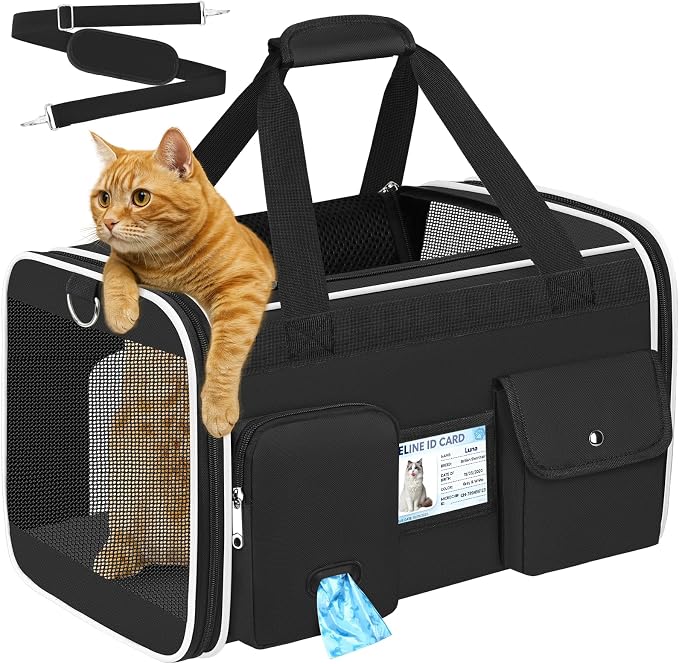 HUANLANG Large Cat Carrier Soft Sided Travel Pet Carrier Airline Approved | Dog Carriers for Small Dogs Medium Cats,Collapsible,3 Storage,zipper lock,Reflective strips,Luggage Strap,Up to 15 Lbs, Black by HUANLANG