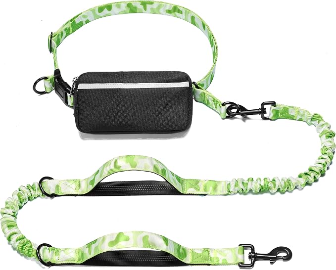 Hands Free Dog Leash with Zipper Pouch, White-Green Mix, Large | Waist Leash, Dual Padded Handles, Shock-Absorbing Bungee, Adjustable Waist Belt, Walking and Running by iYoShop