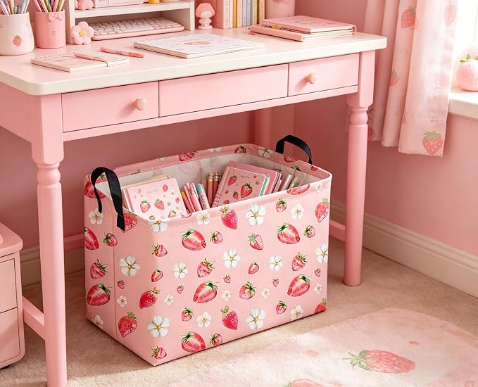 Sanjiaofeng Rectangular Strawberry Storage Baskets Baby Girl Basket Kids Baby Storage Basket Waterproof Collapsible Storage Bin Cute Organizer Box Girl Room Decor(Strawberry) - Image 5