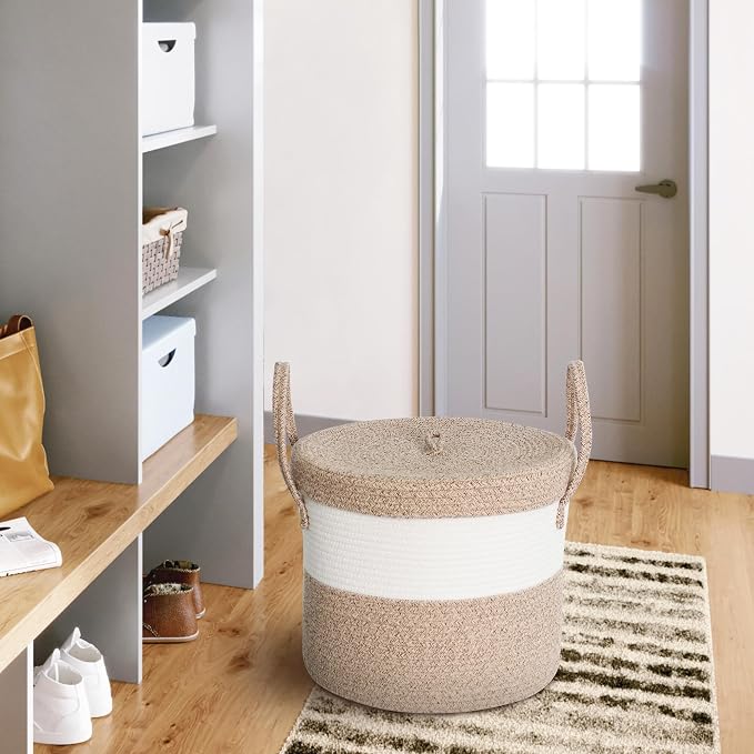 15”x13” Large Storage Basket with Lid, Blanket Basket Living Room, Woven Cotton Rope Baskets for Storage, Kids Toy Storage Bin, Tall Wicker Laundry Basket, Blankets Pillows Organizer Holder - Image 7