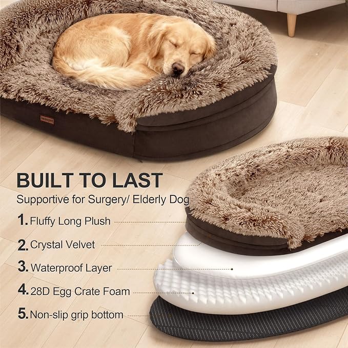 iweepet Fluffy Orthopedic Dog Beds for Large & Extra Large Dogs, 44" Dog Sofa Bed with Supportive 28D Egg-Crate Foam, Removable Washable Cover, Waterproof Lining, for Puppy,Senior,Sick,Brown - Image 6