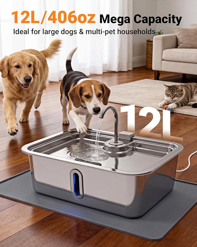 3.17Gal/12L Dog Water Fountain with Silicone Mat & 3 Filters for Dogs Cats | Stainless Steel Multi Pet Water Dispenser, Quiet Automatic Dog Water Bowl Dispenser with Visible Window & Alert Light - Image 2