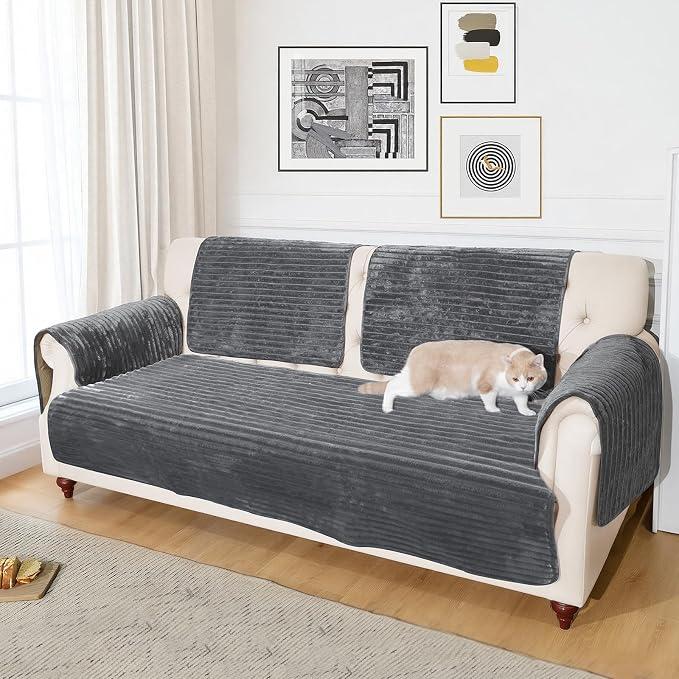 NAISI Couch Covers for Dogs Waterproof Flannel Striped Sofa Cover Pet Friendly Washable Dog Mat for Couch Anti Slip Sectional Sofa Slipcover Protector(1pc/35"x 63",Dark Grey) - Image 4