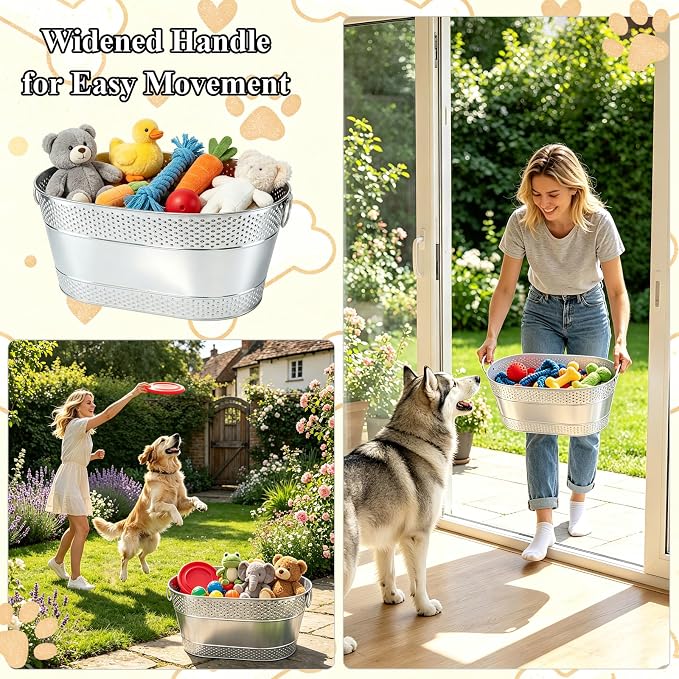 Indestructible Metal Dog Toy Storage Bin, Silver Pet Toy Storage Basket for Living Room Area, Sturdy Chew Proof Puppy Toy Box with Handle, Large Capacity 25 Quart - Image 6