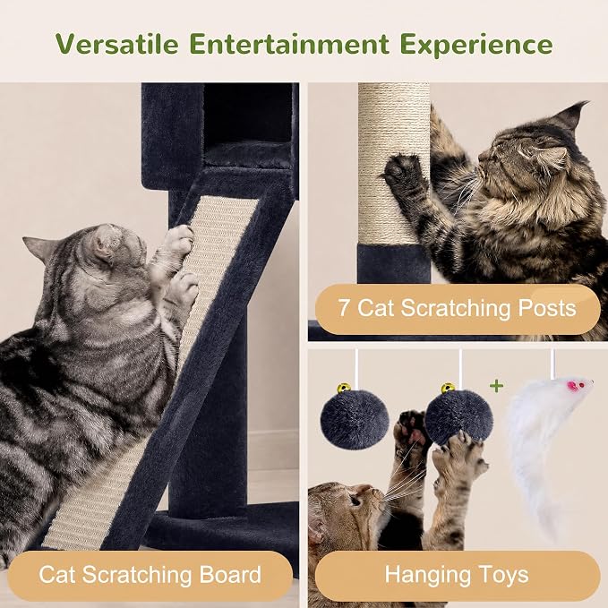 Globlazer S74G 74in Tall Cat Tree for Indoor Cats Large Adult, Dark Grey | Sturdy Heavy Duty Cat Tree Tower for Multiple Cats with 7 Scratching Posts, 2 Spacious Condos, 2 Hanging Baskets - Image 5
