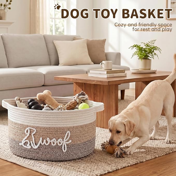 OIAHOMY 30L Large Dog Toy Basket, 17.8"×13"×10" Cotton Rope Basket with Cute Woof Embroidery, Soft Woven Pet Toy Box with Handles for Blankets, Leashes & Puppy Accessories, Decorative Organizer Brown - Image 2
