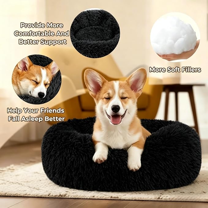 Calming Donut Dog and Cat Bed for Indoor Cats, Anti-Anxiety Round Fluffy Soft Washable Small Pet Bed for Puppy and Kitten, Warming Comfortable Luxury Anti-Slip Waterproof Mute Base 20in Black - Image 4
