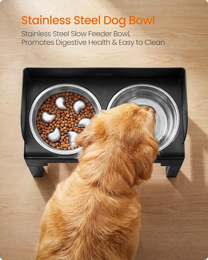 Feandrea Dog Bowls Elevated, Adjustable Height, Tilted Design | Raised Stand, 1 Slow Feeder, Two 304 Stainless Steel Bowls, Ink Black, BOXAL Collection UPRB104B101 - Image 3