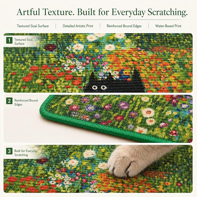 Art Sisal Cat Scratcher Mat, Cat Wall Scratchers for Indoor Cats | Wall Mounted Cat Scratcher, Natural Sisal, No-Drill Hook & Loop Setup, Floor or Wall Use, 23.6 x 15.7 Inch, Flower Garden - Image 5