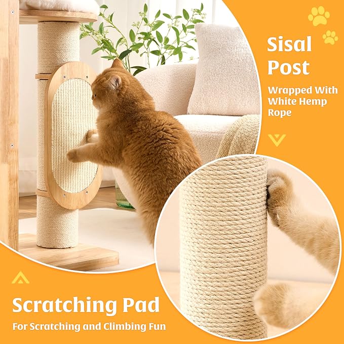Solid Wood Cat Tree Tower with Scratching Post, 64 Inches Tall Cat Towers with Scratching Board, Modern Cat Tower with Space Capsule and Removable Top Bed for Indoor Cats - Image 4