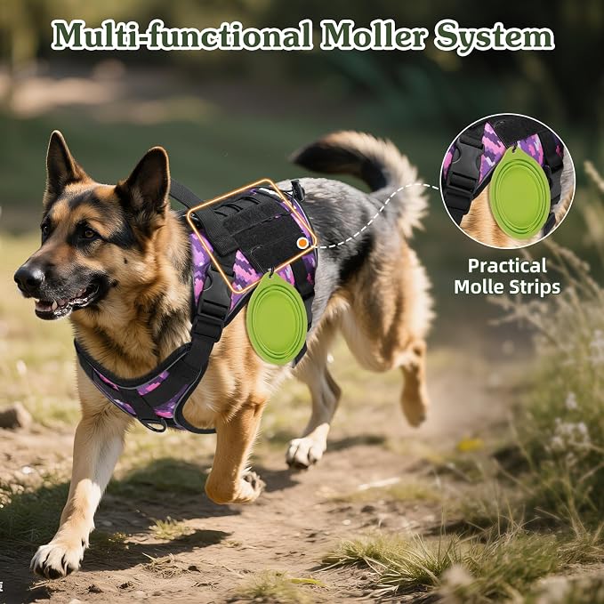 VavoPaw Heavy Duty Tactical Dog Harness for Medium Dogs, No Pull Adjustable | Pet Harness Reflective Service Training Easy Control Pet Vest Military K9 Working Dog Harnesses（Purple Camouflage, M） - Image 6