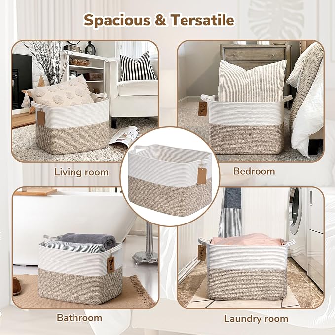 Goodpick 50L Large Woven Rope Storage Basket, Rectangle, Light Brown | 18" × 14" × 12" Stylish Gift Baskets for Living Room & Bedroom Organization, Cotton Rope Basket for Blanket & Toy Storage - Image 4