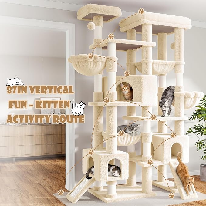 Sha Cerlin 87 in Multi-Level Tall Cat Tree Tower for Large Cats/Extra Wide Feline Activity Center/Sisal Scratching Posts/Wide Base/Cozy Plush Perches/Baskets/Hammocks/Toy Balls/Beige - Image 8