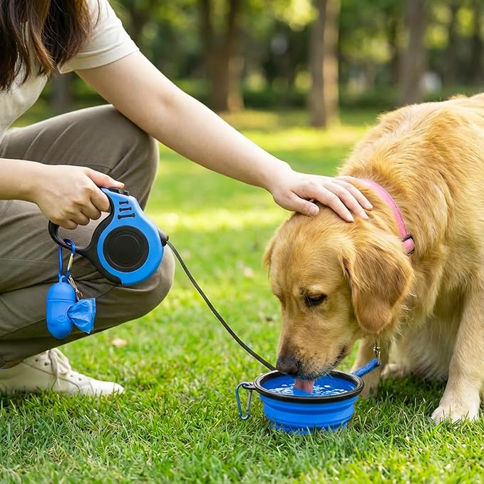 PETIMP Retractable Dog Leash Lightweight 16FT Leash Set | with Folding Bowl,Dispenser,Rubbish Bags, for Small Medium Dogs(Blue) - Image 2