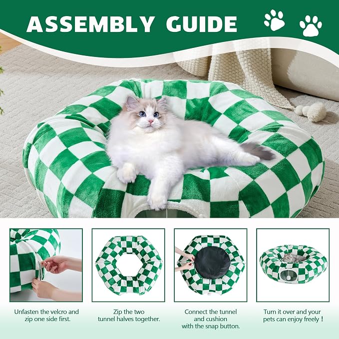 Cute Round Cat Tunnel for Indoor Cats, Green/White | Peekaboo Cat Cave with Dangling Balls, Checkered Pet Donut Tunnel Bed with Circle Mat for Puppy Kitten Rabbit - Image 7