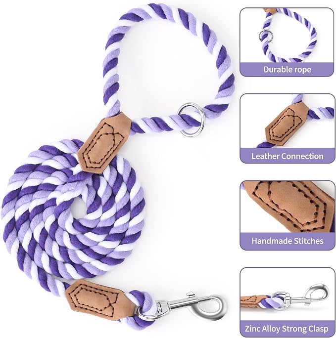 Mile High Life Rainbow Dog Leash Braided Cotton Rope w Leather-Wrapped Ends | Rust-proof 360° swivel clasp, Heavy-duty for medium/large breeds. Great for weddings, daily walks (4FT, 1/2", Purple) - Image 3