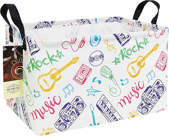 Rectangle Canvas Foldable Storage Basket for Nursery,Musical instrument | Portable and collapsible cloth receptacle. Stores pet essentials, daily use items by HUNRUNG