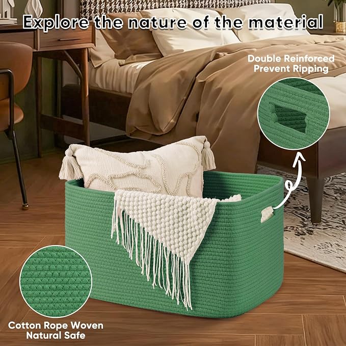 OIAHOMY 75L Large Blanket Basket, Woven Cotton Rope Baskets for Organizing 22”x17”x12”, Blanket Basket living Room, Toy Storage Bins for Nursery, Green - Image 5
