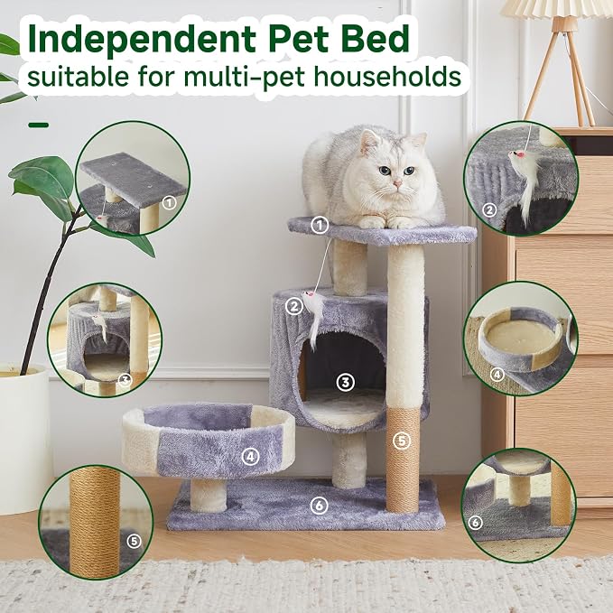 Cat Tree with Condo, Perch, and Scratching Posts, Gray and Beige, Multi-Level Tower with Hanging Toy - Image 4