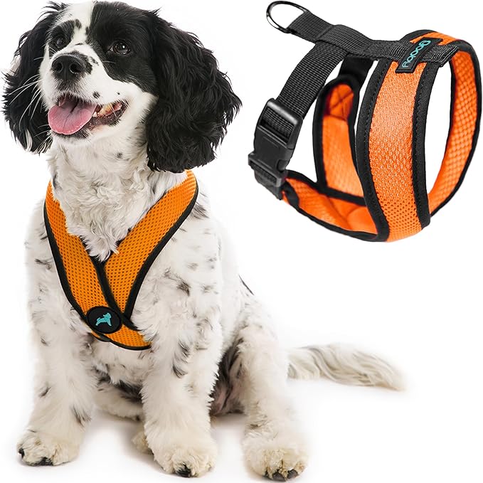 Gooby Comfort X Head-in Dog Harness, Choke-Free, Orange, Large | Patented choke-free X-frame; Secure head-in fit; Lightweight breathable mesh; Back metal D-ring; Machine washable by Gooby