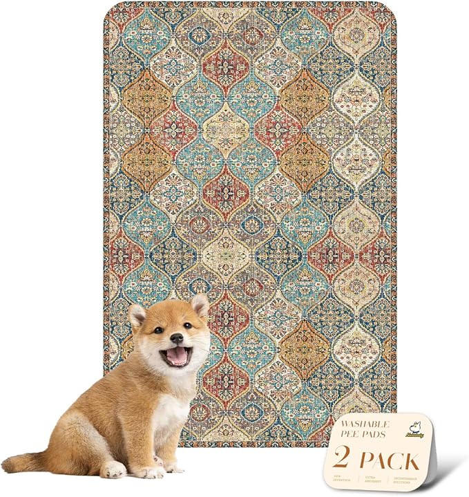 nunubaby Washable Pee Pads for Dogs, Stylish, Non-Slip and Leak-Proof Pee Pads. Reusable Potty Pads for Dogs for Crates and Floors.(Beige/Multi, 24" x36" ) by Nunubaby