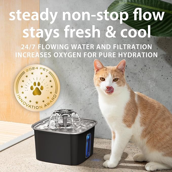 Veken Innovation Award Winner Stainless Steel Cat Water Fountain, 108oz | Automatic Pet Fountain Dog Water Dispenser with Replacement Filters & Silicone Mat for Cats, Dogs (Space Black) - Image 5