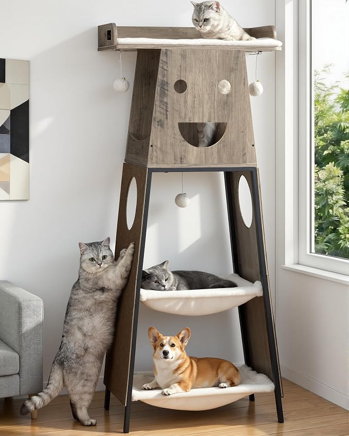 56in Modern Wood Cat Tree Tower for Indoor Cats with Hammock | Multi-Level Climbing Design, 2 Spacious Hammocks, Top Perch, Cat Condo, Scratching Boards, Ideal for Multi-Cat Homes,Greige by FeliskynCatTreeTower
