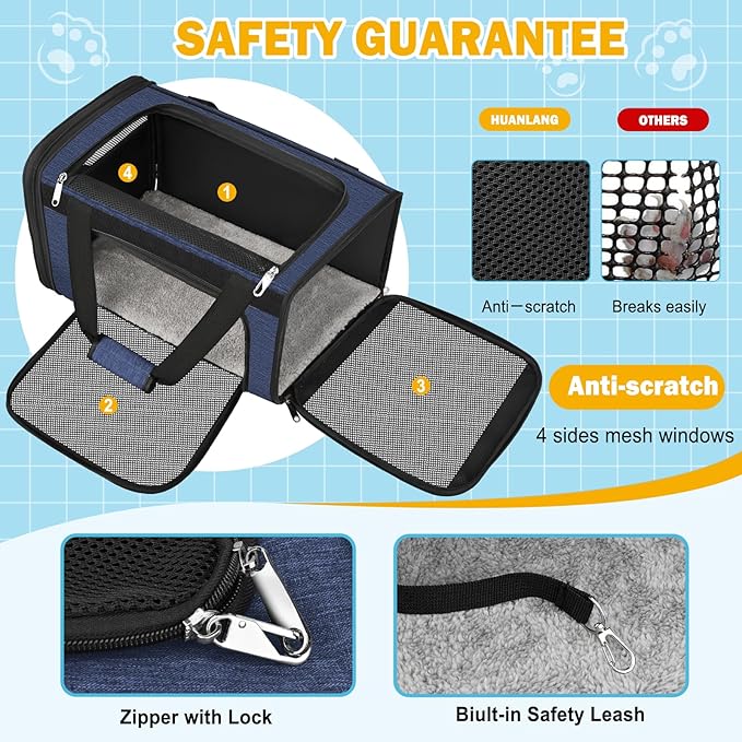 HUANLANG Large Cat Carrier Soft Sided Travel Pet Carrier Airline Approved | Dog Carriers for Small Dogs Medium Cats,Collapsible,3 Storage,zipper lock,Reflective strips,Luggage Strap, Up to 15 Lbs - Image 4