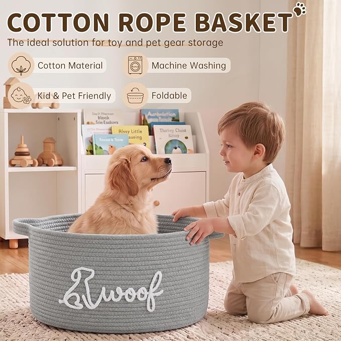 OIAHOMY 22L Large Dog Toy Basket, 16.5"x11.4"x9" Cotton Rope Basket with Cute Woof Embroidery, Soft Woven Pet Toy Box with Handles for Blankets, Leashes & Puppy Accessories, Decorative Organizer Gray - Image 6