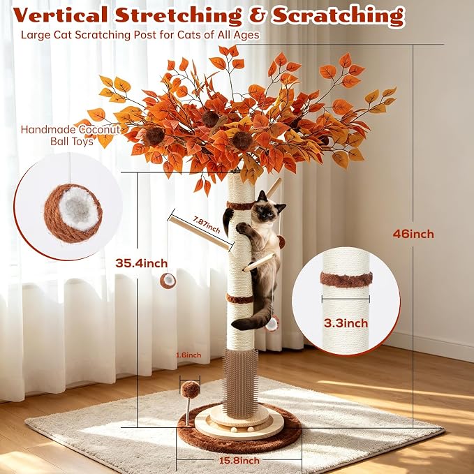 Cat Scratching Post, 46" Tall Scratcher Post for Indoor Adult Cats | Heavy Duty Scratching Post 100% Natural Sisal, Stable 3-Layer Wood Base, Hanging Ball and Track Toy for Indoor Adults Cats - Image 2