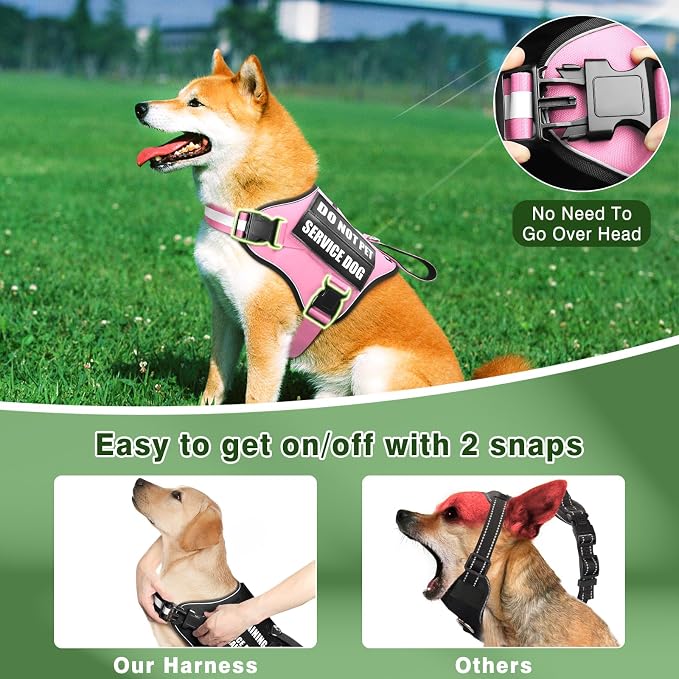 Service Dog Vest Harness and Leash Set+10 Patches,Easy Walk Pink S | No Pull&Adjustable Reflective Dog Harness Small Sized,Dog Leash with 2 Soft Padded Handles,for Training Hiking Walking - Image 4