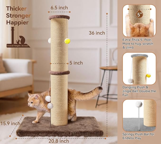 5-Inch Sisal Cat Scratching Post, 36" Tall Scratch Tower, Brown | 6.5" Top Perch, 20.8×15.9" Stable Base, Durable Scratcher, For Indoor Cats - Image 2