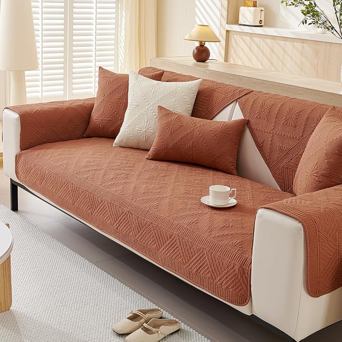 vctops Boho Cotton Quilted Sofa Couch Cover Washable Soft Non Slip Sectional Couch Covers Floral Embroidery Sofa Slipcover for Dogs, Children, Pets Furniture Protector (Orange,36"x82") - Image 4