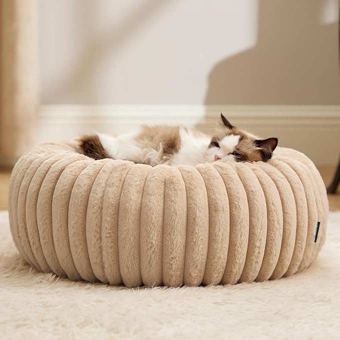 Bedsure ComfyFleece™ Donut Cat Bed for Indoor Cats with Washable Cover | 20x20x6in, Calming Round Kitten Beds,Support Plush Puppy Bed, Removable Corduroy Fleece,Anti Slip Bottom,Sandy Beige - Image 7