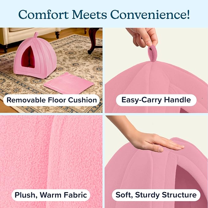 PETMAKER Cat House Indoor Bed with Removable Foam Cushion, Pink | Plush Cat Tent Bed for Small Kittens, Rabbits, Guinea Pigs, and Other Small Animals, Comfortable Cozy Pet Hideaway - Image 3