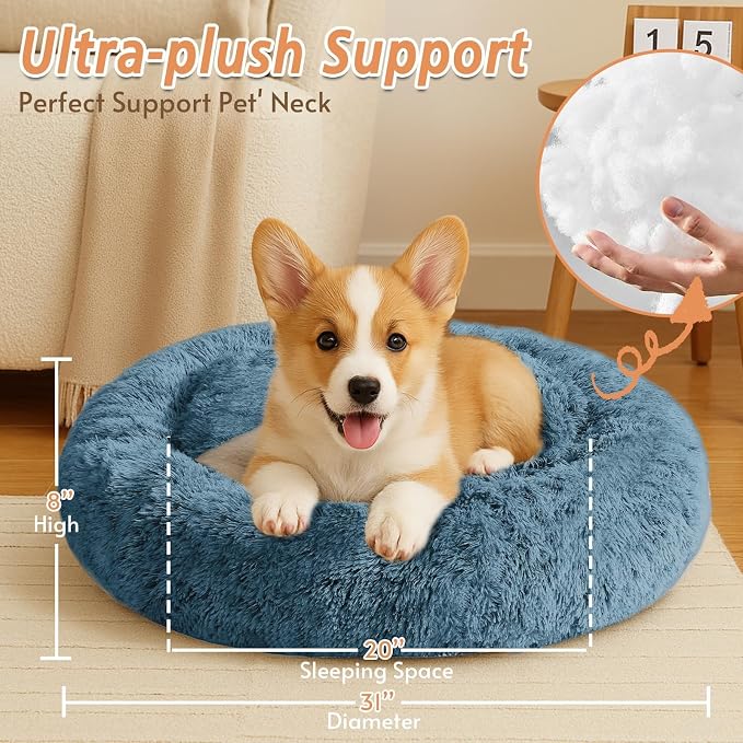 JOLLYVOGUE Calming Dog Bed Medium Size Dog, 31in Donut Washable Medium Pet Bed, Anti-Slip & Anti-Anxiety Fluffy Faux Fur Round Dogs Bed, Fits up to 45 lbs Pets (Blue) - Image 5