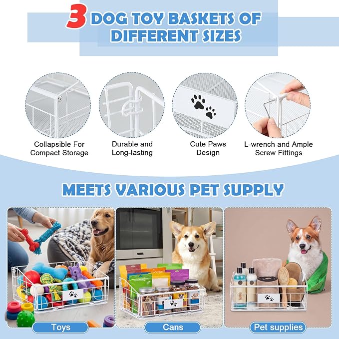 Mimorou 3 Pack Metal Dog Toy Baskets Multi-sized Foldable Dog Toy Bins Box Storage Container Organizer for Living Room Area Decorative Pet Accessories Coat Clothing Storage Holder Baskets(White) - Image 3