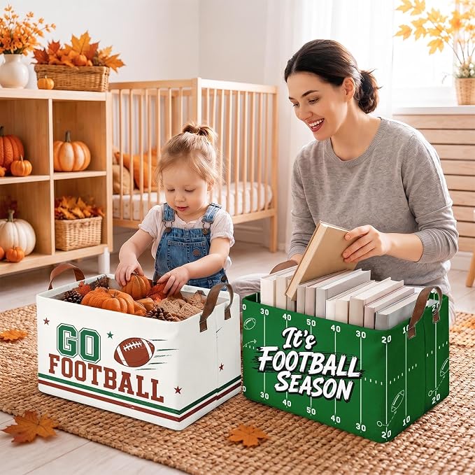 Britimes Football Storage Baskets for Gift, Toy Storage Bins Box,3Pcs Fall | Game Day Canvas Collapsible Baskets Organizer with Handles Football Nursery Decor Laundry Basket for Shelves Closet - Image 7