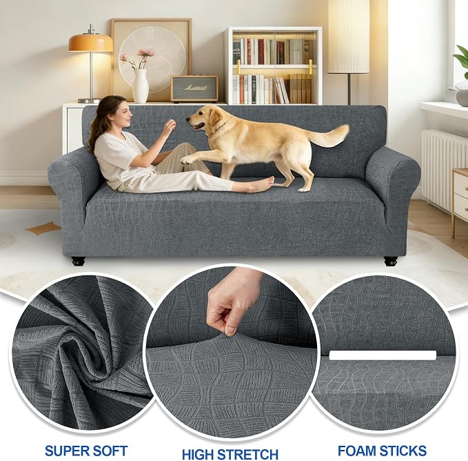 MAXIJIN Waterproof Couch Cover for 3 Cushion Couch, 1 Piece Stretch Sofa Covers Slipcovers with Non-Slip Elastic Bottom, Washable Furniture Protector for Dogs Pets (Large, Light Gray) - Image 2