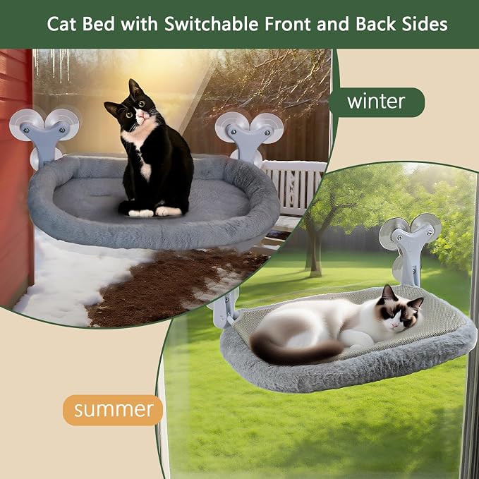 Cat Window Perch with 6 Strong Suction Cups,Mats that can be Switched Between Winter and Summer, Foldable Cordless Cat Beds Can Bear 50LBS Weight (White) - Image 3