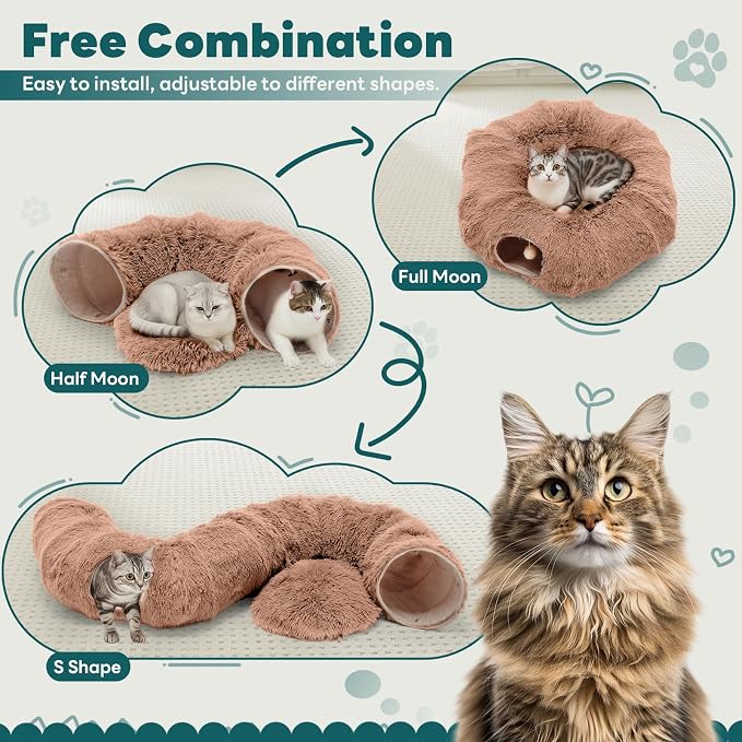 DUMOS Cat Tunnel Bed for Indoor Cats, Cave Donut Play Tunnel - Brown | Soft Plush Peekaboo, Washable Circle Cushion, Multifunctional Playground Under Tree Toys for Kittens, Puppy, Rabbit, Ferret - Image 4