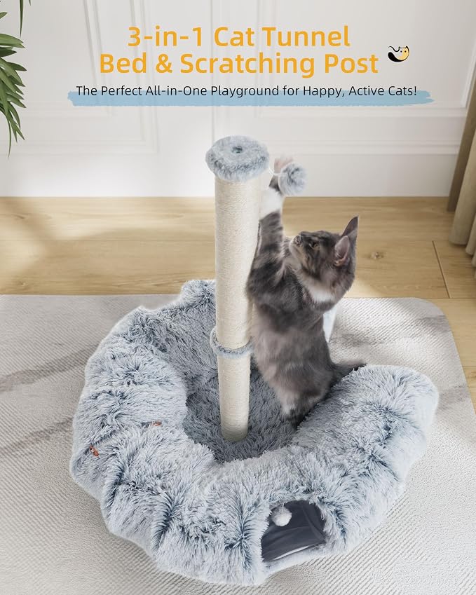 Aechonow 3-in-1 Cat Tunnel Bed, 34'' Cat Scratching Post for Indoor Cats | Fluffy Peekaboo Donut Hideout Toy for Pets, Rabbit, Ferret - Image 2