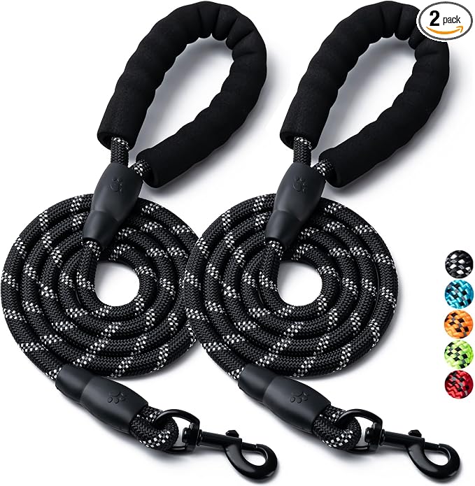 2 Pack Dog Leash, Heavy Duty Nylon Rope Pet Leashes (5FT-1/2,Black/Black) | Comfortable Padded Handle, Anti-tangle Swivel Clip, Reflective for Night Walks and Training, Climbing Rope for Strong Pullers by BOOMIBOO