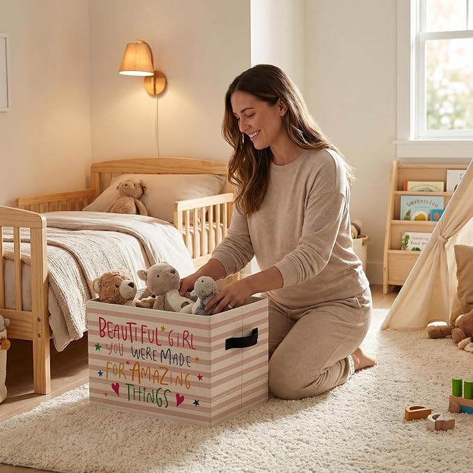Girls Room Storage Bins Box, Positive Colorful Collapsible Organizer Basket | affirmation encouraging storage box basket for books clothes, pastel striped organizer for nursery bedroom playroom, 10x14 in - Image 2