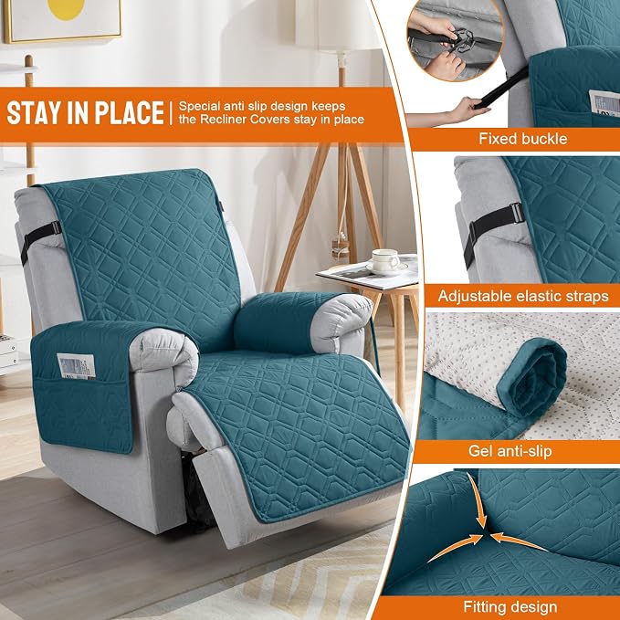 VANSOFY 100% Waterproof Recliner Chair Covers Washable, Peacock Blue, 28" | Non-Slip, Slipcover with Pocket, Furniture Protector, Elastic Straps, Chair Cover for Pets, Dogs - Image 3