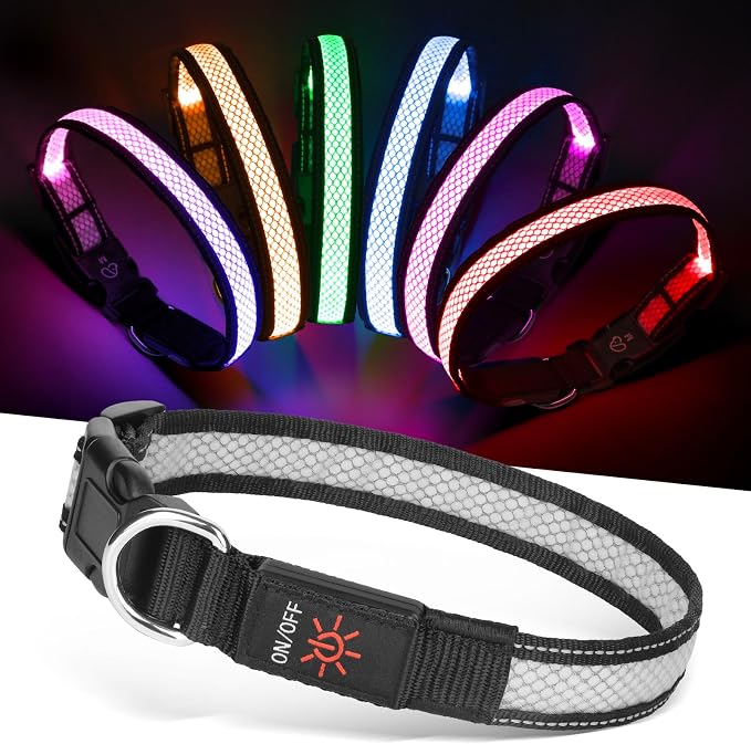 Weesiber Light Up Dog Collar, USB Rechargeable LED Dog Collar Glow in The Dark, Adjustable Reflective Waterproof Dog Collar Light for Night Walking (RGB, M) by Weesiber