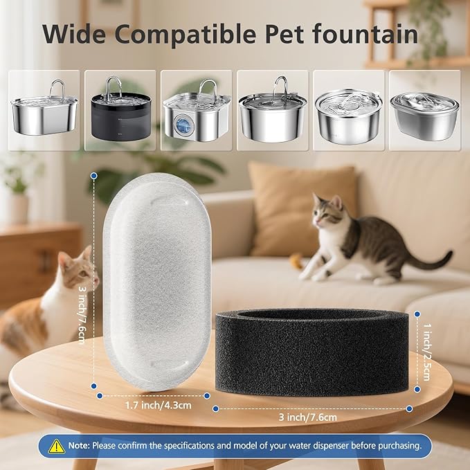 50 Pack Cat Water Fountain Filters for Stainless Steel Pet Water Dispenser | 108/3.2L& 67oz/2L& 4L/135oz Cat/Dog Fountain Filter Replacement(25 Filters & 25 Sponges) - Image 3